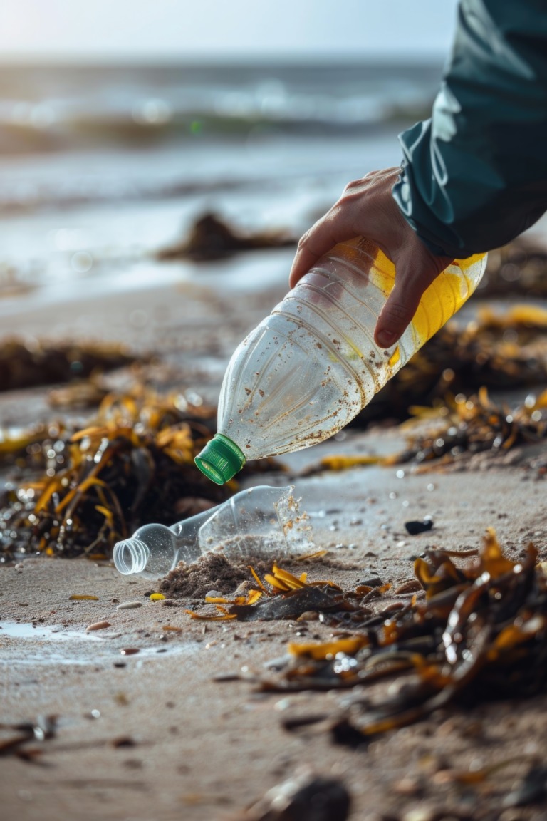 A person is picking up a plastic bottle on the beach. The bottle is empty and has a green cap. The beach is littered with trash, and the person is trying to clean it up