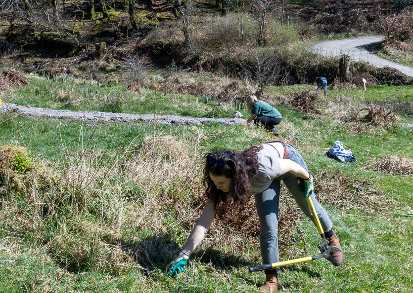 A group of eager Turnstyle Designs volunteers join the local group at Ashcombe Gardens in Simonsbath, Exmoor, helping to maintain the beautiful Wild Garden project they run there as part of the Exmoor National Park.