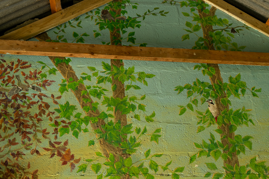 A hand painted mural on the inside wall of a log cottage. The image is of trees and wildlife found in the area like owls, birs and squirrels.